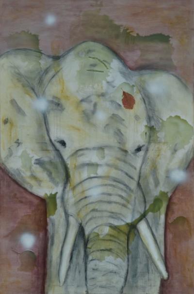 Elephant mit Irrlichtern,  2016, Eitempera,Blatt und Enkaustik auf Leinwand, 150 x 100 cm
