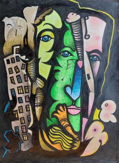 Drei Augenfrauen, 2019, Mischtechnik auf Papier, 43 x 30 cm