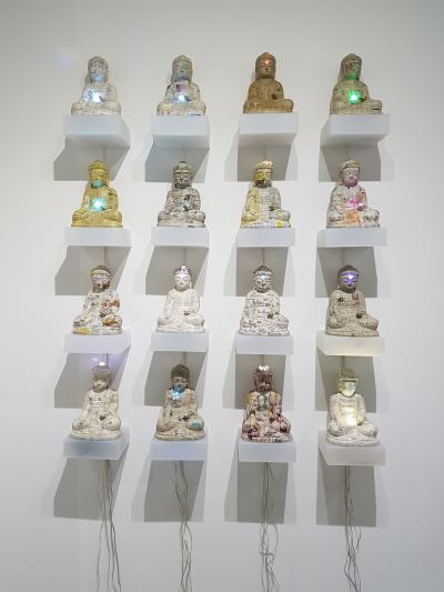 To Whom Do You Pray, 2016~2019, telephone book, thrown away things, led & mixed media, 18.5 x 15.5 x 29 cm 