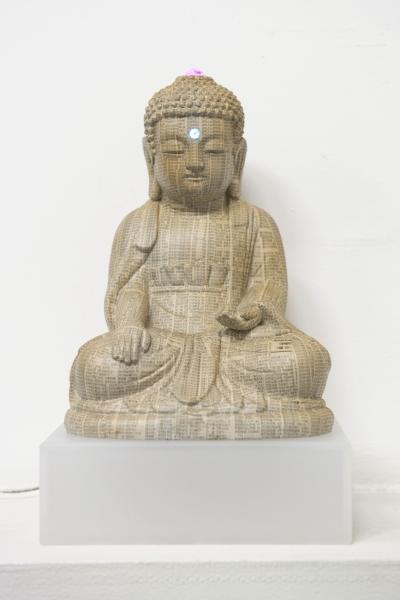 buddha_01, telephone book,thrown away  things,led & mixed media,18.5 x 15.5 x 29cm