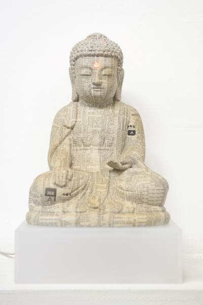 buddha_02, telephone book, thrown away things, led, mixed media, 18.5 x 15.5 x 29 cm