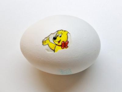 New Proteins (Strange but all Ours), Haribo, 2025, Eierschale, gefundene Verpackung, Mischtechnik
