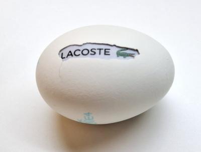 New Proteins (Strange but all Ours), Lacoste, 2025, Eierschale, gefundene Verpackung, Mischtechnik