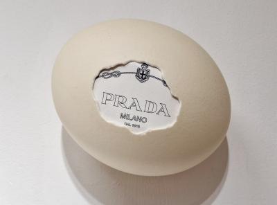Ostrich egg, PRADA, 2025, Straußeneierschale, gefundene Verpackung, Mischtechnik