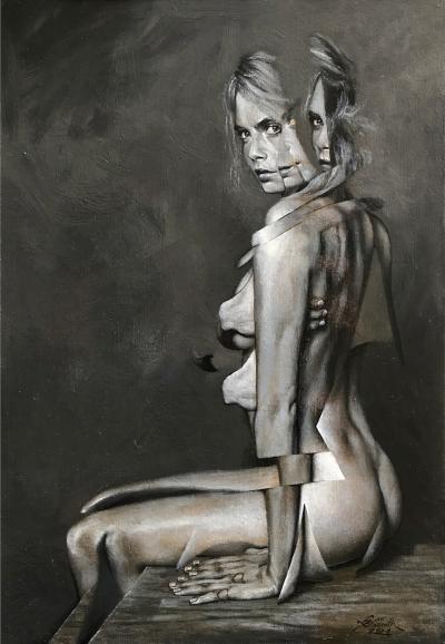 Cara Delevingne, 2021 Öl auf Papier auf Holz, 29,7 x 42 cm