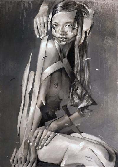Jessica, 2025, Öl auf Papier auf Holz, 29,7 x 42 cm