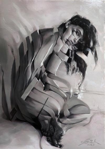 Ophelia, 2025, Öl auf Papier auf Holz 29,7 x 42 cm