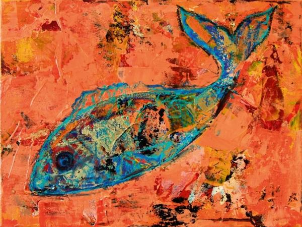 Fisch, 2023, Acryl, Ölpastell auf Leinwand, 30 x 40 cm