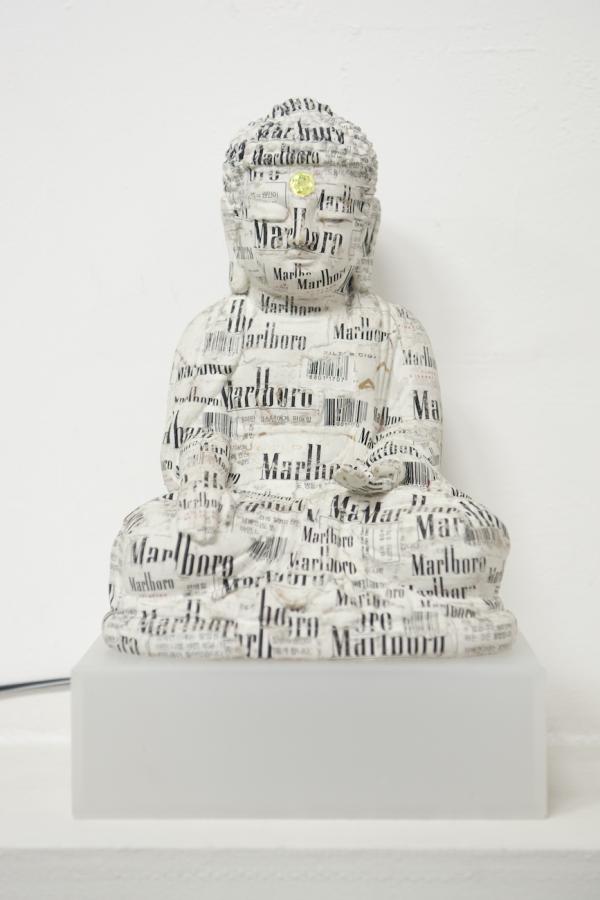 buddha_03, telephone book, thrown away things, led, mixed media, 18.5 x 15.5 x 29 cm