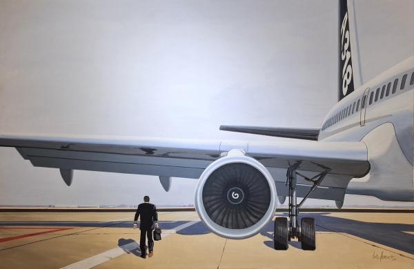 A 318 beim Check, 2004, aus der Reihe “… nur Fliegen ist schöner“, Acryl auf Leinwand, 130 x 200 cm