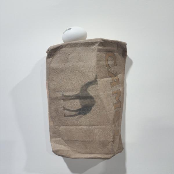 Camel, 2021, used coal briquette, eggshell, thrown away items & mixed media, 22 x 37 x 9 cm