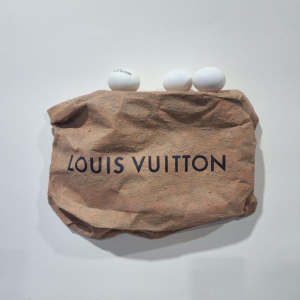 Louis Vuitton, 2025_used coal briquette, eggshell, thrown away items & mixed media, 41 x 33 x 8 cm