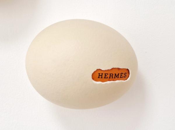 Ostrich egg,  Hermes, 2025, Straußeneischale,gefundene Verpackung, Mischtechnik