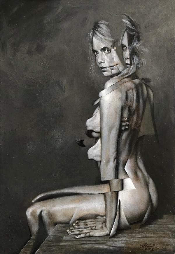 Cara Delevingne, 2021 Öl auf Papier auf Holz, 29,7 x 42 cm