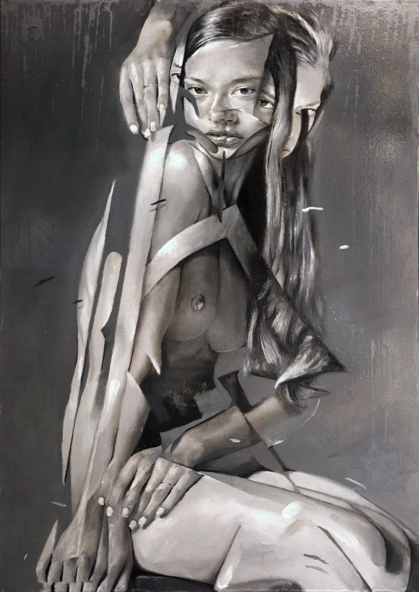 Jessica, 2025, Öl auf Papier auf Holz, 29,7 x 42 cm